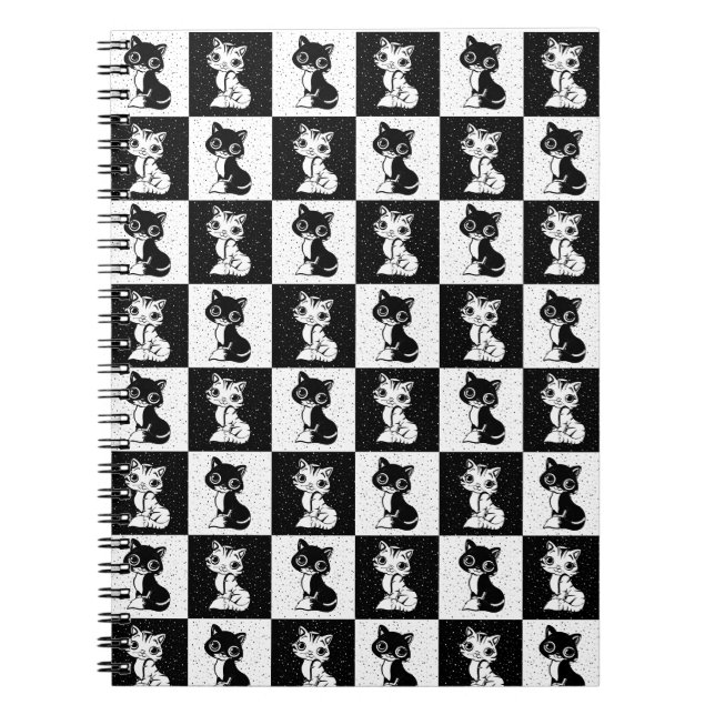 Cuaderno Impresión de monograma de gato blanco negro (Frente)