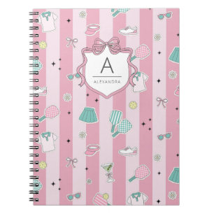 Cuaderno Impresión de monograma preppy de pickleball rosa