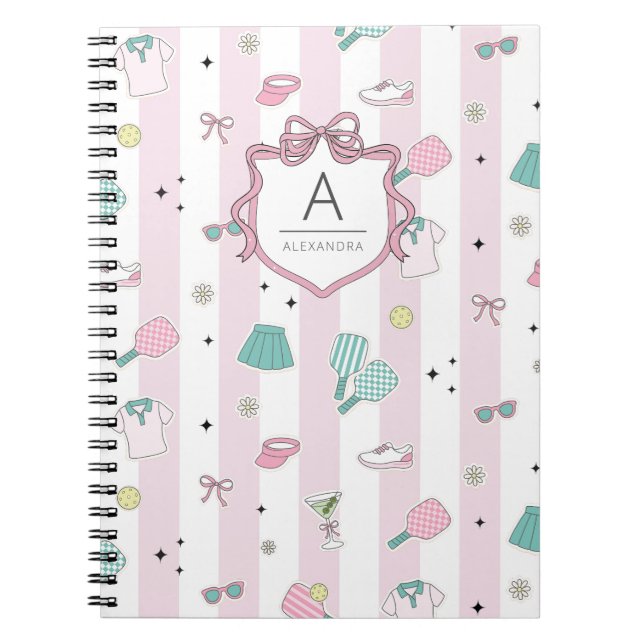 Cuaderno Impresión de Monograma Preppy de Pickleball Rosa (Frente)