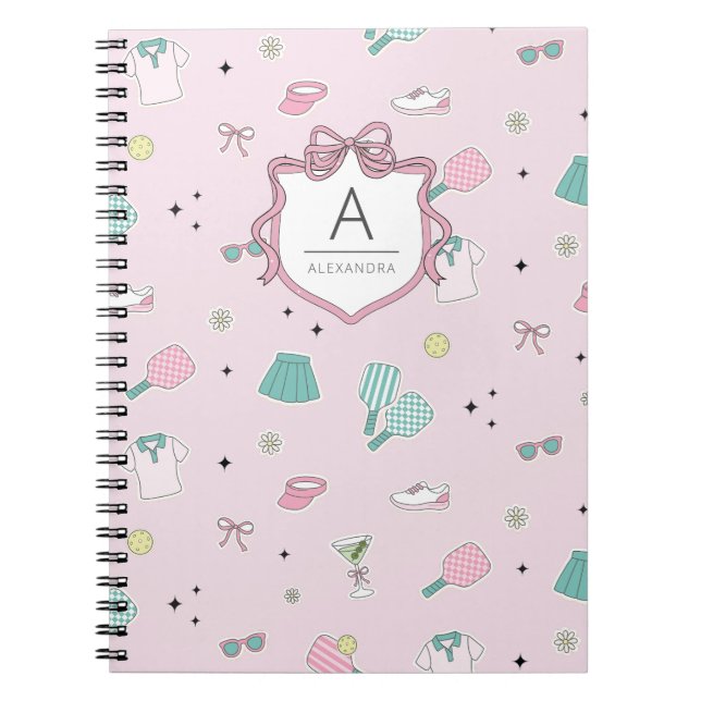 Cuaderno Impresión de monograma preppy de pickleball rosa (Frente)