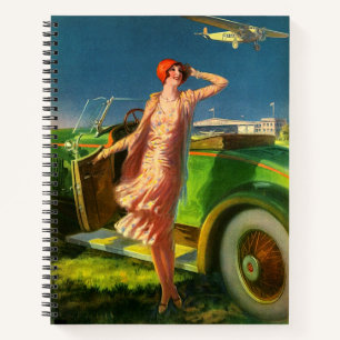 Cuaderno Impresión de mujer con automóvil y avión de 1930