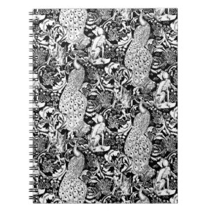 Cuaderno Impresión de pavo real Art Nouveau, negro y blanco