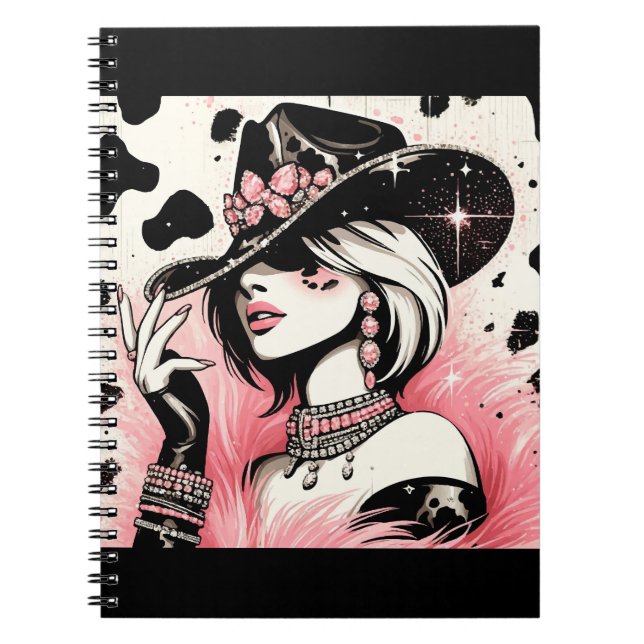 Cuaderno Impresión de Piel de vaca Rústico Glam Cowgirl Pin (Frente)