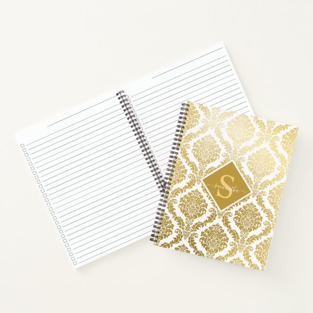 Cuaderno Impresión elegante de damasco blanco y dorado pers (Interior)