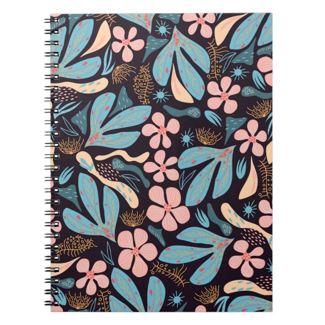 Cuaderno Impresión negra de la floración azul coral (Frente)