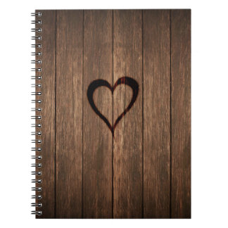Cuaderno Impresión quemada madera rústica del corazón