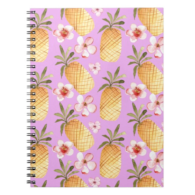 Cuaderno Impresión tropical de piña retro sobre fondo lilac (Frente)