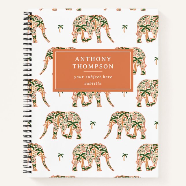 Cuaderno Indian Floral Paisley Ornate Elephants Custom Name (Anverso)