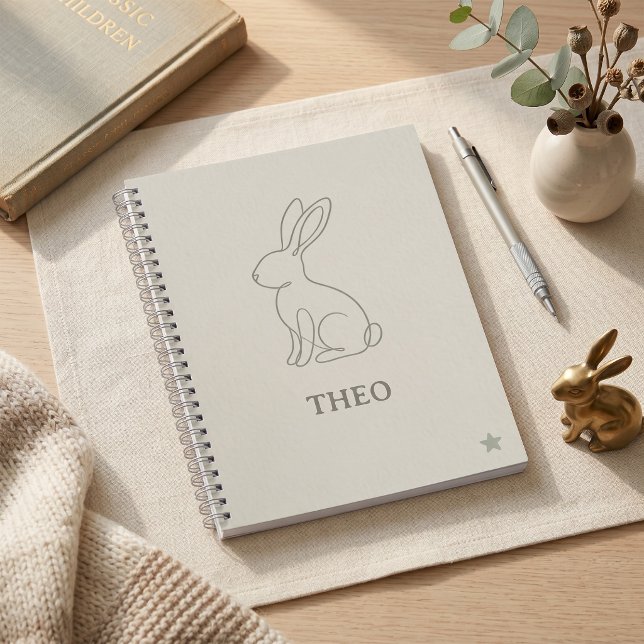 Cuaderno infantil de arte de línea de conejo en ve (Sage Green Line Art Rabbit Kids Name School Supply Notebook)
