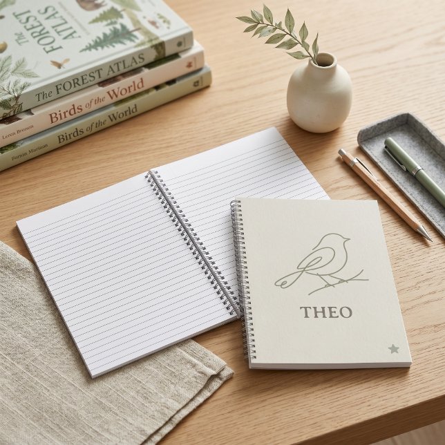 Cuaderno infantil de arte de línea verde salvia co (Sage Green Line Art Bird Kids Name School Supply Notebook)