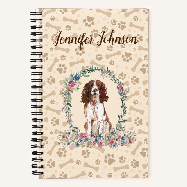 Cuaderno Inglés Springer Spaniel Dog Paw Print & Floral (Anverso)