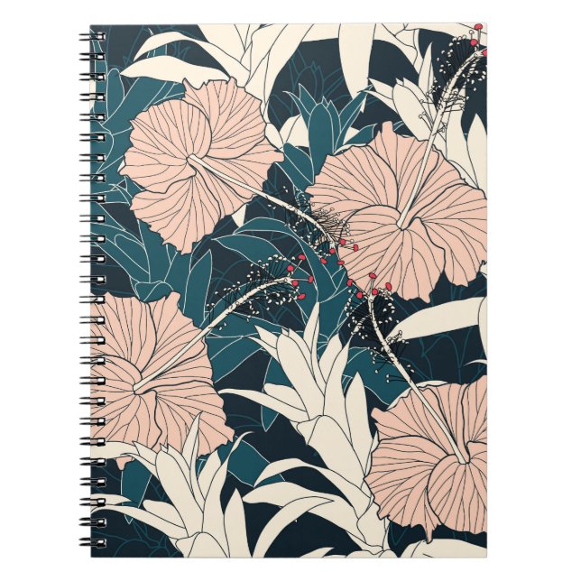 Cuaderno Inhibisco rosa tropical, fondo oscuro (Frente)
