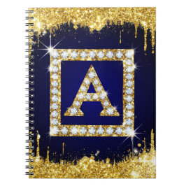 Cuaderno Inicial A con Monograma Dorado y Brillo Azul