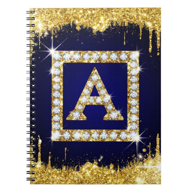 Cuaderno Inicial A con Monograma Dorado y Brillo Azul (Frente)