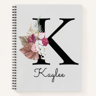 Cuaderno Inicial K Monogramada Rosa Floral Boho