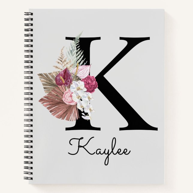 Cuaderno Inicial K Monogramada Rosa Floral Boho (Anverso)