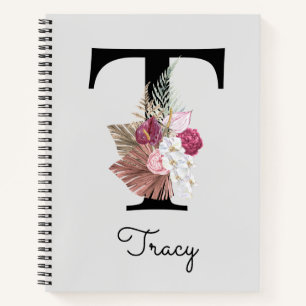 Cuaderno Inicial Monogramada T Floral Rosa Boho Femenina