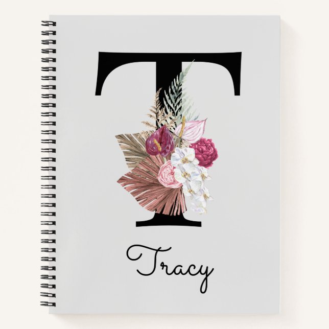 Cuaderno Inicial Monogramada T Floral Rosa Boho Femenina (Anverso)