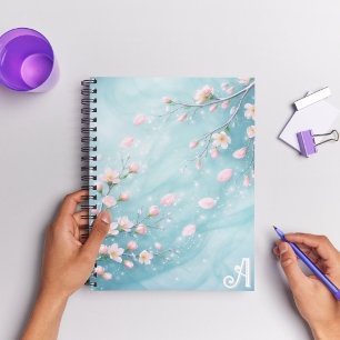 Cuaderno Iniciales de Flor de Cerezo Turquesa Elegantes Ros