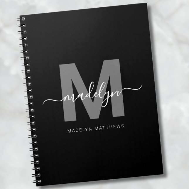 Cuaderno Iniciales de Monograma Blanco Negro Profesional (Professional Black White Monogram Initial notebook)