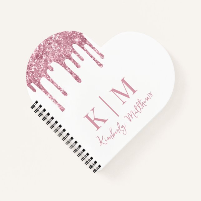 Cuaderno Iniciales de monograma con brillo rosa en blanco (Anverso)