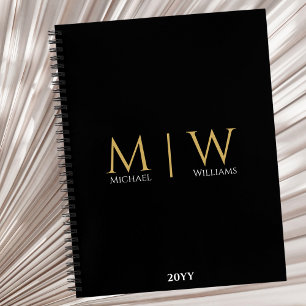 Cuaderno Iniciales de Monograma de Oro Negro Modernas y Pro