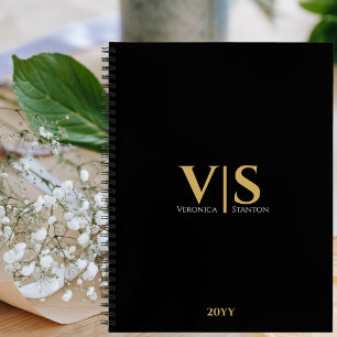 Cuaderno Iniciales de Monograma de Oro Negro Modernas y Pro
