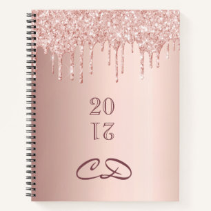Cuaderno Iniciales de monograma de purpurina de oro rosa de