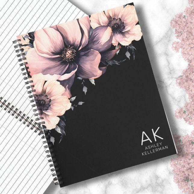 Cuaderno Iniciales Monogramadas Florales Negras Modernas Pi (Chic Modern Black Pink Floral Monogrammed Initials Notebook)