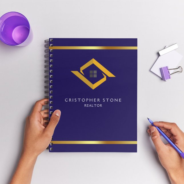 Cuaderno Inmobiliaria Logo de Casa Azul Marino Moderno Corr (Real Estate Navy Blue House Logo Modern Realtor Notebook)