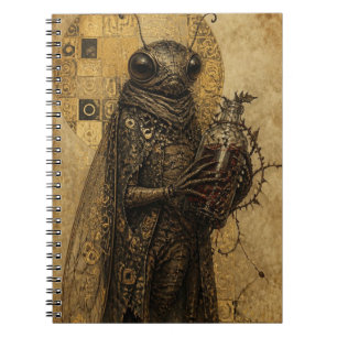 Cuaderno insecto cigarra retro sostiene una botella envuelt