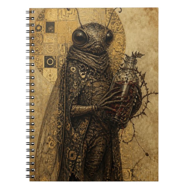 Cuaderno insecto cigarra retro sostiene una botella envuelt (Frente)