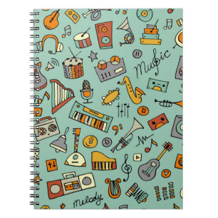 Cuaderno Instrumentos musicales, patrón de sketch vintage.