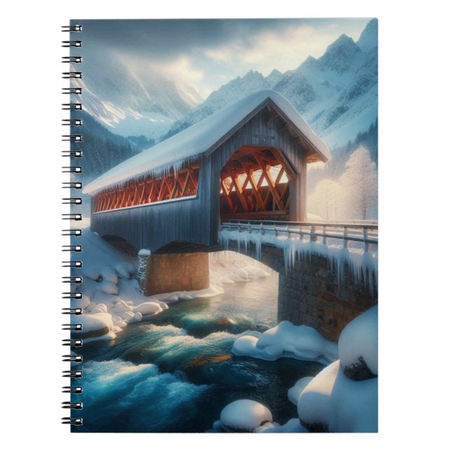 Cuaderno Invierno, puente cubierto de nieve y río (Frente)