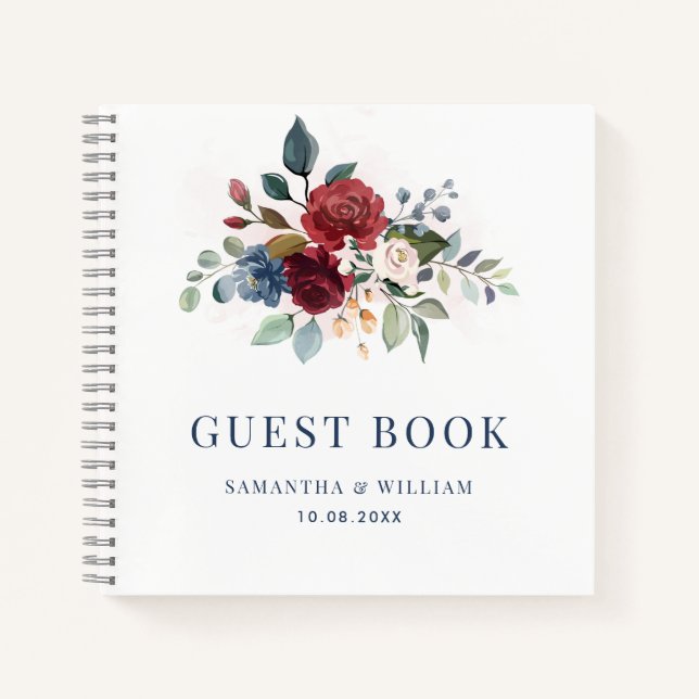 Cuaderno Invitado Boda Botánico Moderno de Borgoña Floral (Anverso)