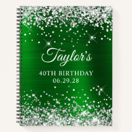 Cuaderno Invitado Cumpleaños 40 Brillante Plateado Verde Ho