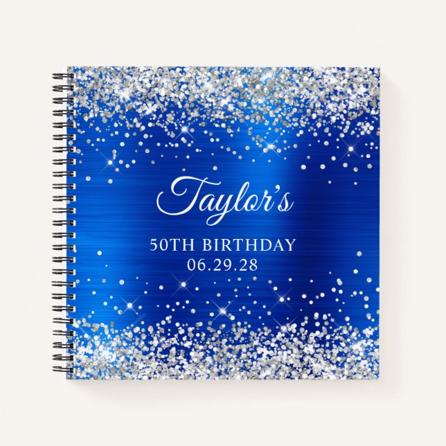 Cuaderno Invitado Cumpleaños 50 Brillante Plateado Azul Rea (Anverso)