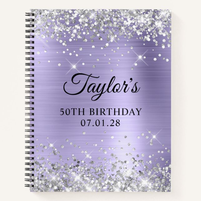 Cuaderno Invitado Cumpleaños 50 Brillante Plateado Lavanda  (Anverso)