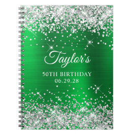 Cuaderno Invitado Cumpleaños 50 Brillante Plateado Verde Fo