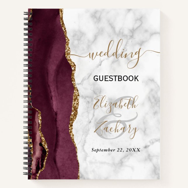 Cuaderno Invitado de Agate Geode Burgundy Gold Marble Boda (Anverso)