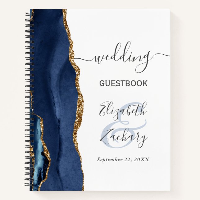Cuaderno Invitado de Agate Geode Script Navy Blue Gold Boda (Anverso)