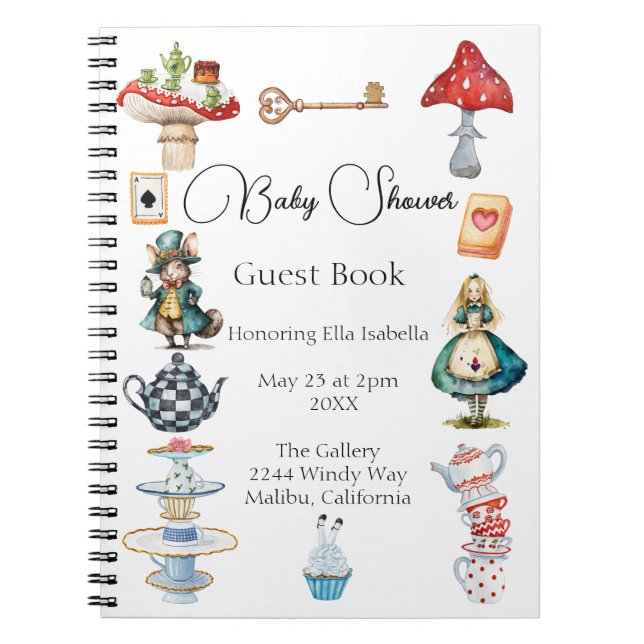 Cuaderno Invitado de Baby Shower con temas de Alice Tea Fie (Frente)