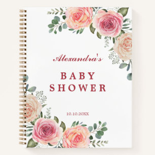 Cuaderno Invitado de Baby Shower de Flores de Acuarela Rosa