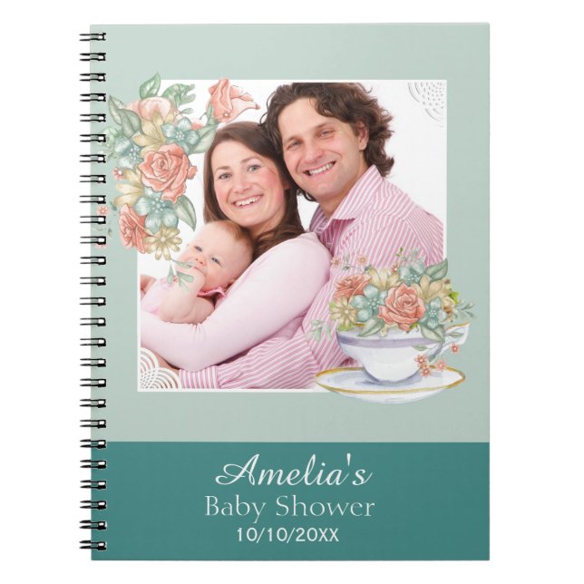 Cuaderno Invitado de Baby Shower Fiesta de té floral acuare (Frente)