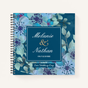 Cuaderno Invitado de Boda Floral Elegante de color azul mar