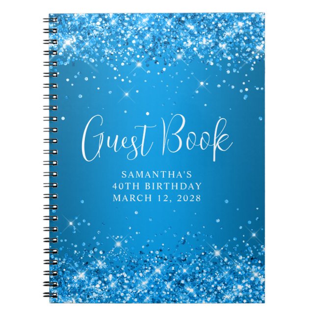 Cuaderno Invitado de cumpleaños 40 Glittery Azure Ombre (Frente)