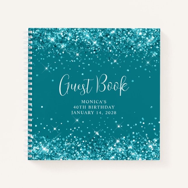 Cuaderno Invitado de cumpleaños 40 Glittery Dark Turquoise (Anverso)