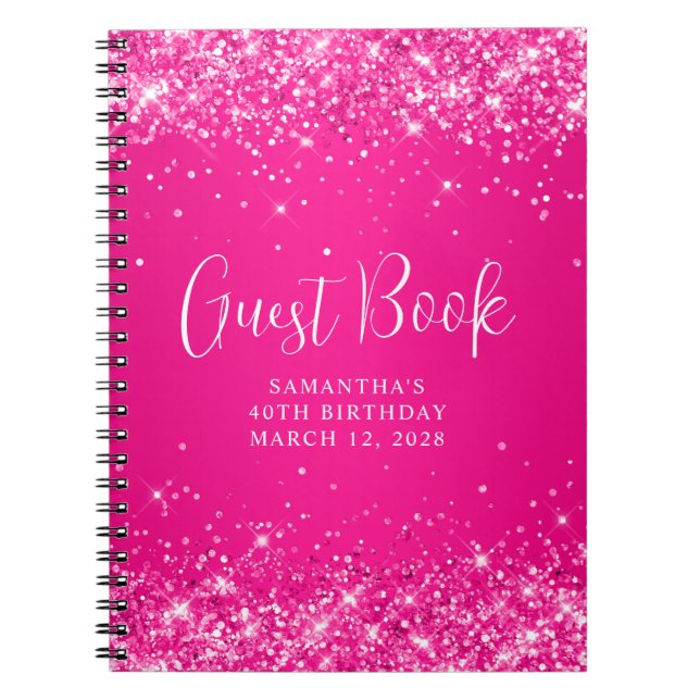 Cuaderno Invitado de cumpleaños número 40 con brillo rosa c (Frente)