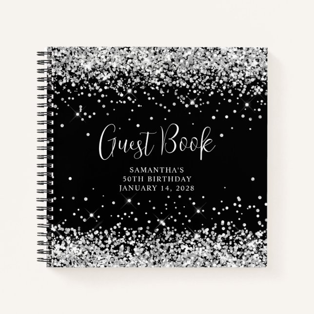 Cuaderno Invitado de cumpleaños número 50 con brillo platea (Anverso)
