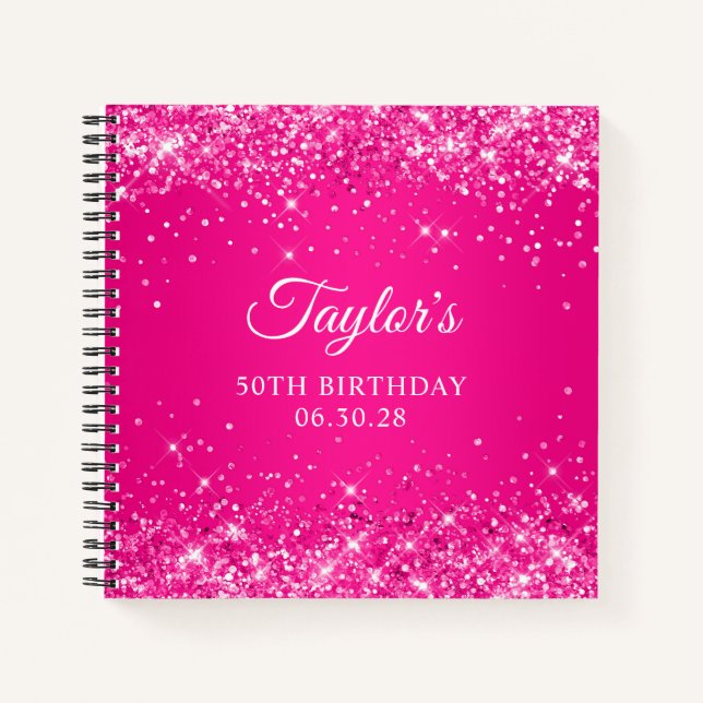 Cuaderno Invitado de cumpleaños número 50 con brillo rosa o (Anverso)